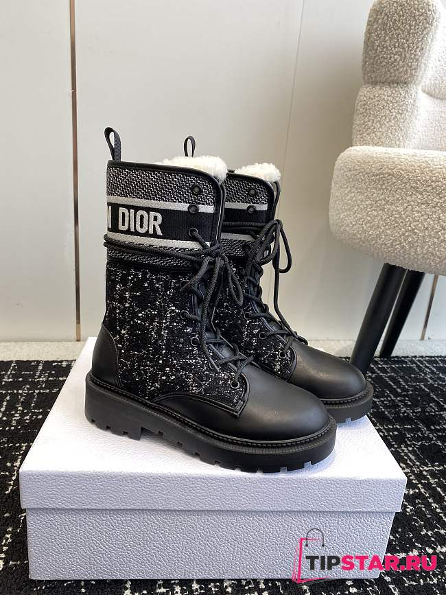 Dior D-Major Ankle Boot Black Calfskin With Black And White Cannage Tweed - 1