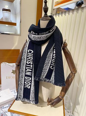Dior Qblique University Reversible Scarf Navy Blue Wool and Silk