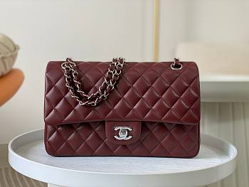 Chanel Classic Flap Bag Wine Red Lambskin Silver Hardware Size 25cm