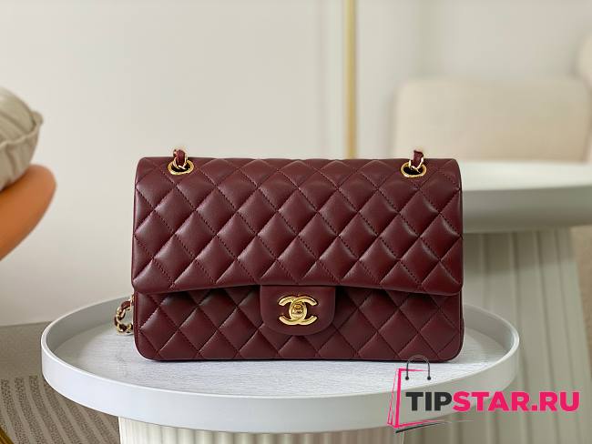 Chanel Classic Flap Bag Wine Red Lambskin Gold Hardware Size 25cm - 1