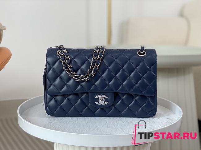 Chanel Classic Flap Bag Dark Blue Lambskin Silver Hardware Size 25cm - 1