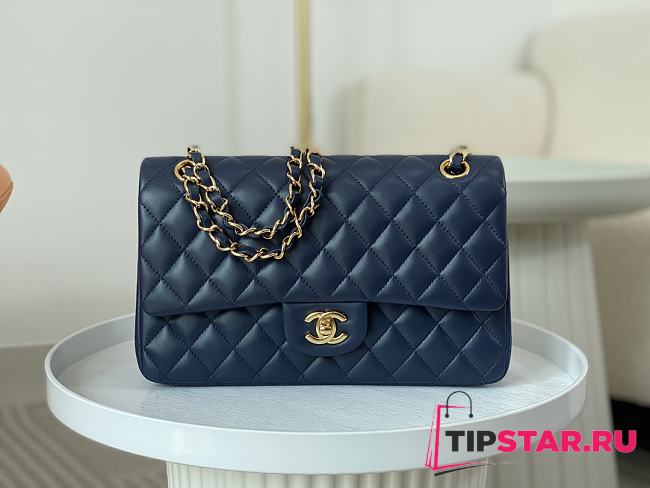 Chanel Classic Flap Bag Dark Blue Lambskin Gold Hardware Size 25cm - 1