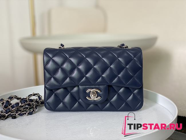 Chanel Mini Flap Bag Dark Blue Lambskin Silver Hardware Size 20cm - 1