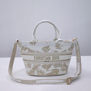 Dior Hat Basket Bag White and Gold-tone Gradient Butterflies Embroidery Size 27 x 20 x 8 cm
