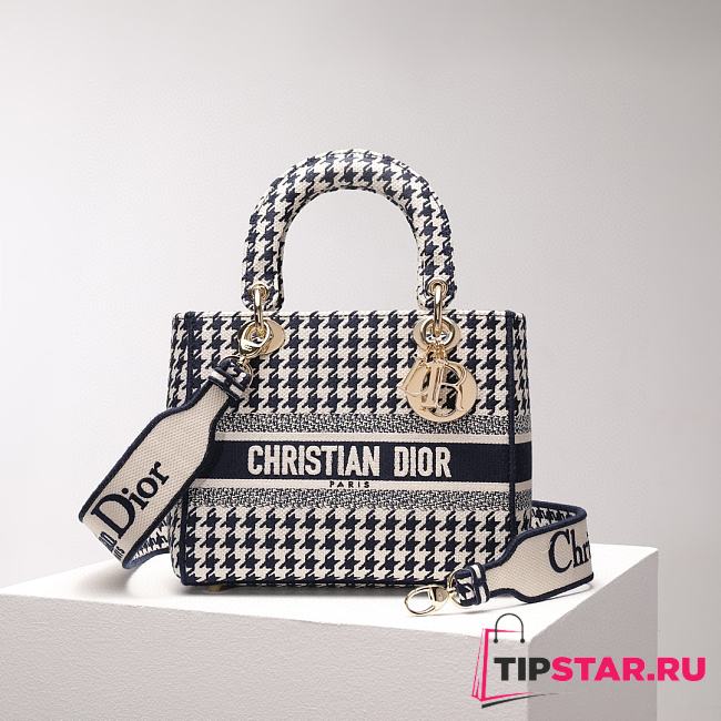 Dior Medium Lady D-Lite Bag Black and White Houndstooth Embroidery Size 24 x 20 x 11 cm - 1