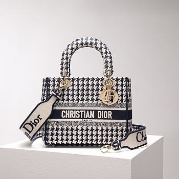 Dior Medium Lady D-Lite Bag Black and White Houndstooth Embroidery Size 24 x 20 x 11 cm