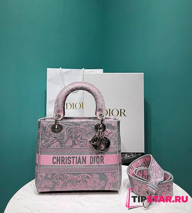 Dior Medium Lady D-Lite Bag Gray and Pink Toile de Jouy Reverse Embroidery Size 24 x 20 x 11 cm - 1