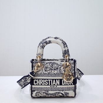 Dior Mini Lady D-Lite Bag White and Navy Blue Toile de Jouy Embroidery Size 17 x 15 x 7 cm