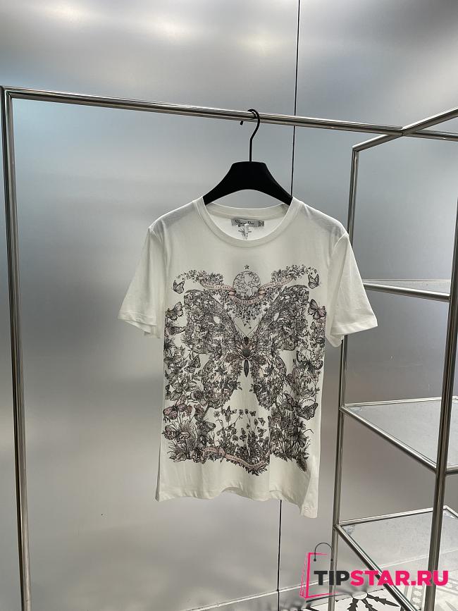 Dior T-Shirt White Cotton and Linen Jersey with Pastel Pink Butterfly Around The World Motif - 1