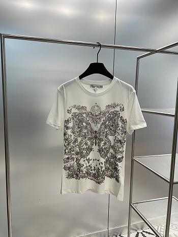 Dior T-Shirt White Cotton and Linen Jersey with Pastel Pink Butterfly Around The World Motif