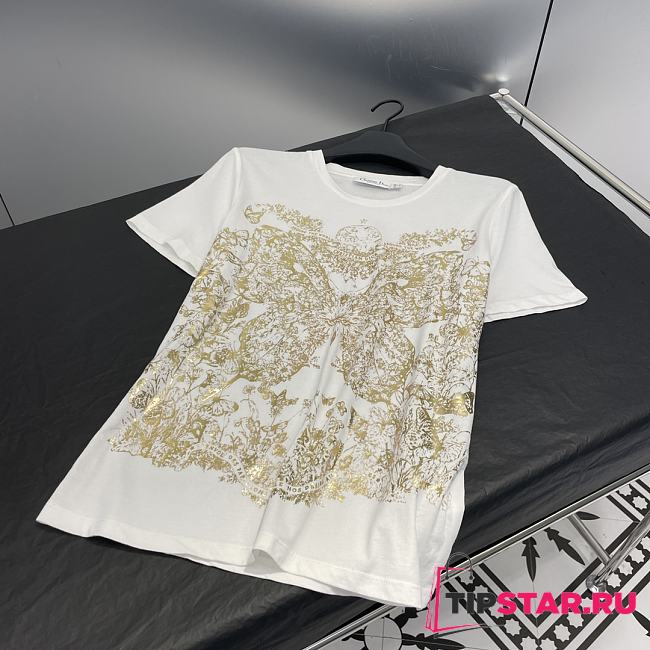 Dior T-Shirt White Cotton Jersey with Gold-Tone Butterfly Around the World Motif - 1