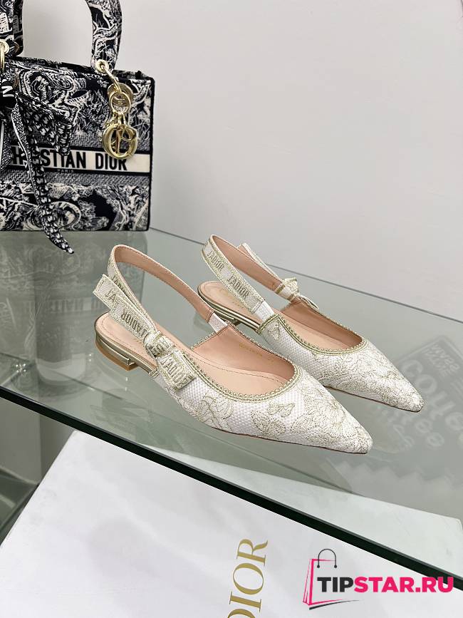 J'Adior Slingback Flat White and Gold-Tone Toile de Jouy Mexico Embroidered Cotton with Metallic Thread - 1