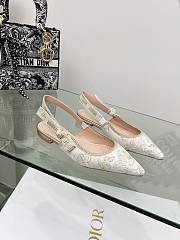 J'Adior Slingback Flat White and Gold-Tone Toile de Jouy Mexico Embroidered Cotton with Metallic Thread - 1