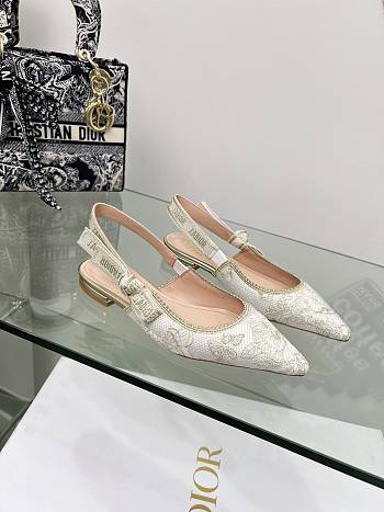 J'Adior Slingback Flat White and Gold-Tone Toile de Jouy Mexico Embroidered Cotton with Metallic Thread