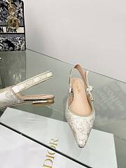 J'Adior Slingback Flat White and Gold-Tone Toile de Jouy Mexico Embroidered Cotton with Metallic Thread - 5