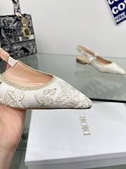 J'Adior Slingback Flat White and Gold-Tone Toile de Jouy Mexico Embroidered Cotton with Metallic Thread - 4