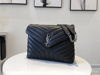 YSL Loulou Medium Chain Bag Black Silver Metal 574946 Size 32x22x11 cm