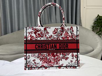 Medium Dior Book Tote White and Red Le Cœur des Papillons Embroidery Size 36 x 27.5 x 16.5 cm