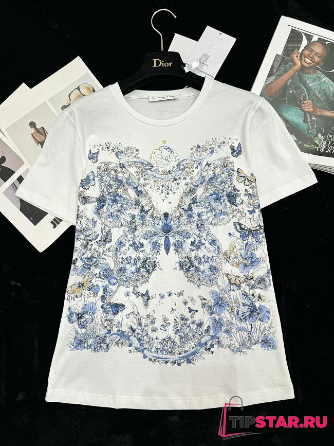 Dior T-Shirt White Cotton and Linen Jersey with Pastel Midnight Blue Butterfly Around The World Motif - 1