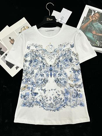 Dior T-Shirt White Cotton and Linen Jersey with Pastel Midnight Blue Butterfly Around The World Motif