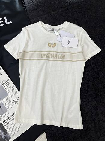 Dior Embroidered T-Shirt White Cotton Jersey with Gold-Tone Signature