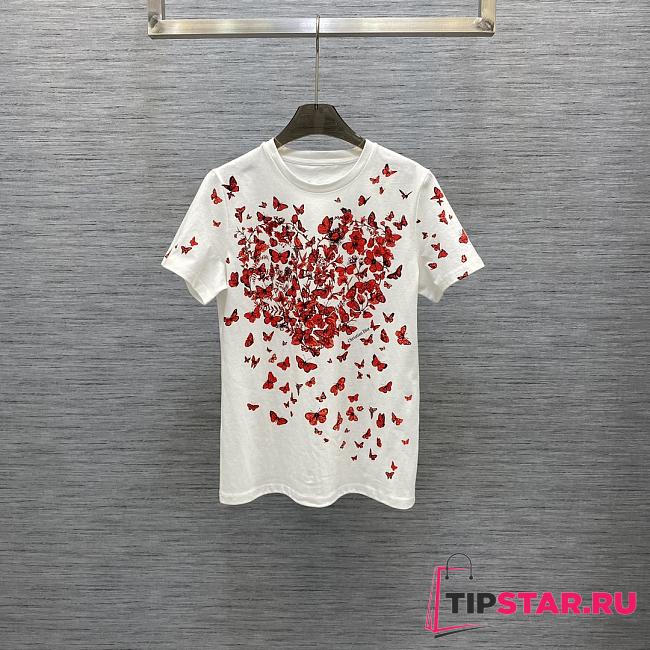 Dior T-Shirt White Cotton Jersey with Red Le Cœur des Papillons Motif - 1