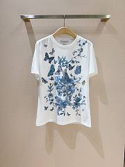 Dior T-Shirt White Cotton Jersey with Pastel Midnight Blue Toile de Jouy Mexico Motif - 1