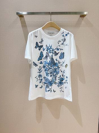 Dior T-Shirt White Cotton Jersey with Pastel Midnight Blue Toile de Jouy Mexico Motif