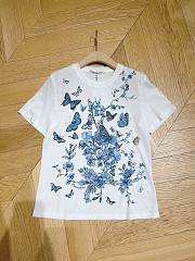 Dior T-Shirt White Cotton Jersey with Pastel Midnight Blue Toile de Jouy Mexico Motif - 3