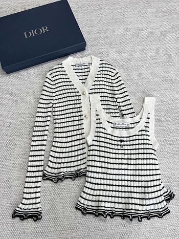 Dior Twin-Set White and Black Linen Cashmere and Silk Ribbed Knit