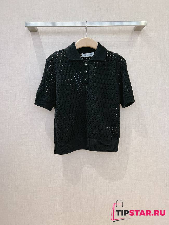 Dior Macrocannage Polo Shirt Black Alpaca Cashmere and Silk Openwork Knit - 1