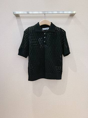 Dior Macrocannage Polo Shirt Black Alpaca Cashmere and Silk Openwork Knit