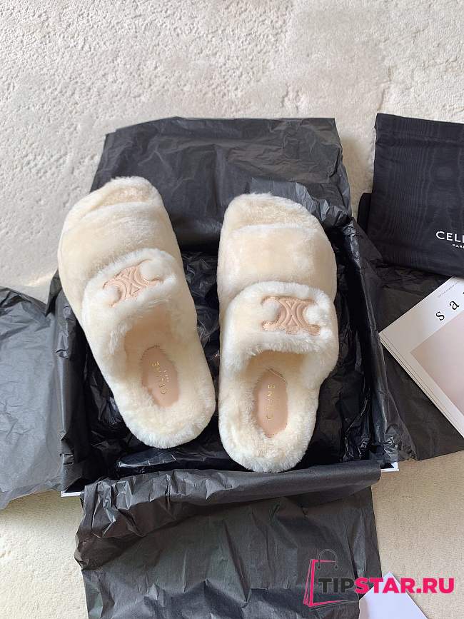 Celine Fur Slides Triomphe In Shearling Beige/Nude - 1