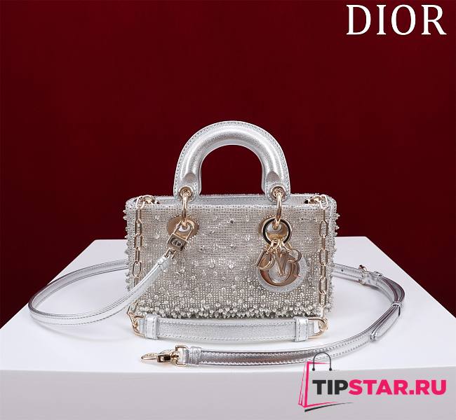 Dior Lady D-Joy Micro Bag Silver-Tone Satin with Gradient Bead Embroidery Size 16 x 9 x 5 cm - 1