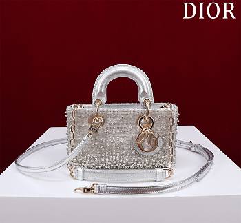Dior Lady D-Joy Micro Bag Silver-Tone Satin with Gradient Bead Embroidery Size 16 x 9 x 5 cm