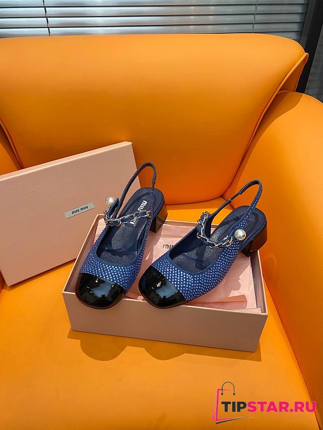 Miumiu Denim And Patent Leather Slingback Pumps With Artificial Crystals - 1