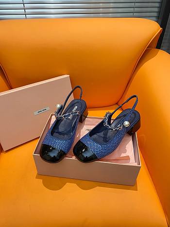 Miumiu Denim And Patent Leather Slingback Pumps With Artificial Crystals