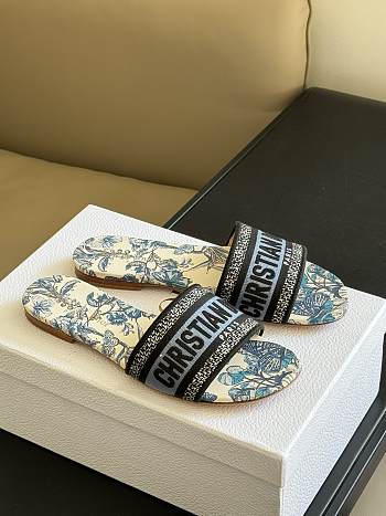 Dior Dway Slide Pastel Midnight Blue Multicolor Embroidered Cotton with Toile de Jouy Mexico Motif
