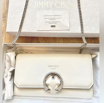 Jimmy Choo Wallet W/chain Latte Calf Leather Wallet with Crystal Buckle Size 19.5x10.5x6cm
