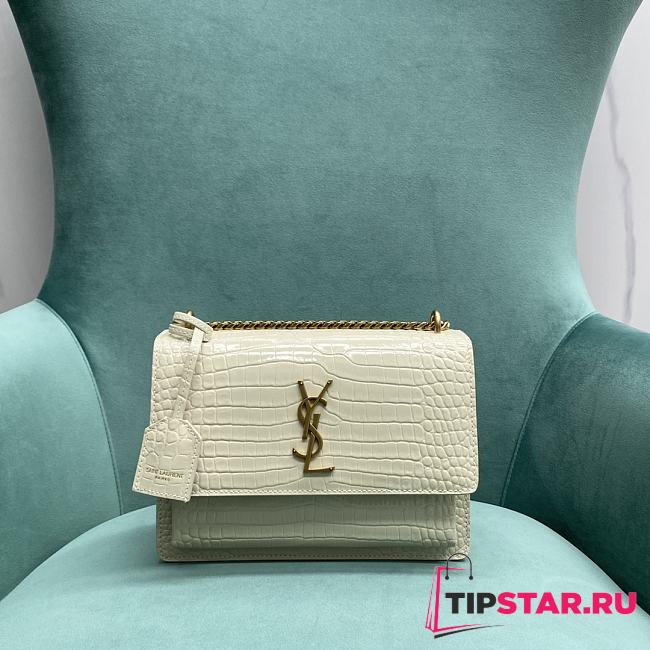 YSL Sunset Medium In Crocodile-Embossed Leather 442906 White/Gold Size 20x16x6 cm - 1