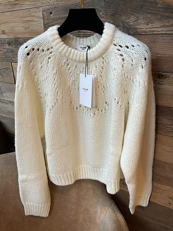 Celine Crew Neck Fair Isle Sweater In Alpaca Wool Pointelle Off White