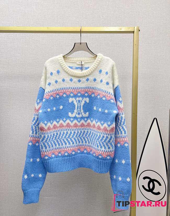 Celine Crew Neck Fair Isle Sweater In Mohair And Silklight Blue  - 1