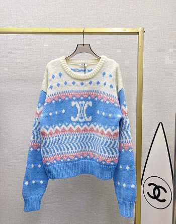 Celine Crew Neck Fair Isle Sweater In Mohair And Silklight Blue 