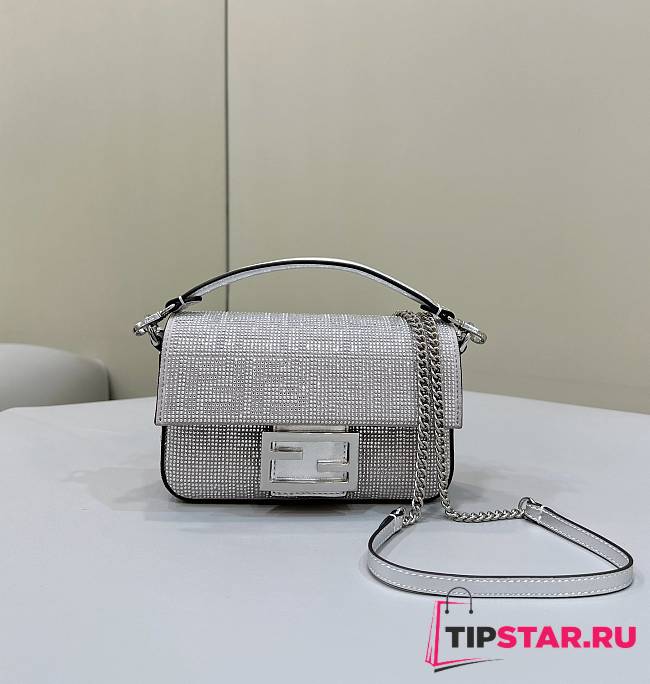 Fendi Baguette Mini Silver Leather Bag With Crystal FF Motif Size 20x5x13cm - 1