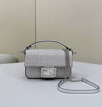 Fendi Baguette Mini Silver Leather Bag With Crystal FF Motif Size 20x5x13cm