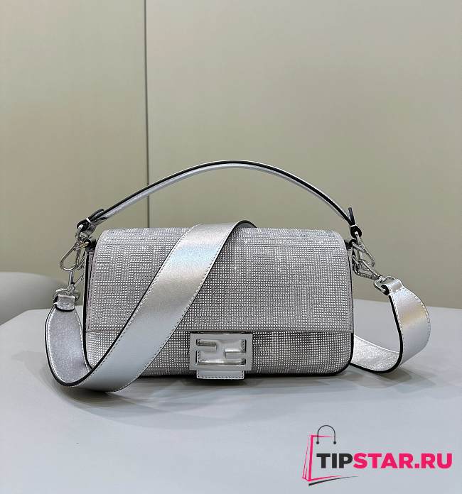 Fendi Baguette Silver Leather Bag With Crystal FF Motif Size 27x6x15cm - 1