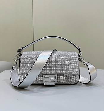 Fendi Baguette Silver Leather Bag With Crystal FF Motif Size 27x6x15cm
