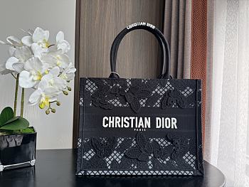 Medium Dior Book Tote Black D-Lace Butterfly Embroidery with 3D Macramé Effect Size 36 x 27.5 x 16.5 cm