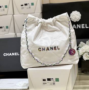 Chanel 22 Small Handbag AS3260 Shiny Calfskin & Rainbow Metal White Size 35 × 37 × 7 cm