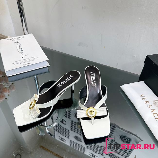 Versace Gianni Ribbon Low Patent Mules White - 1